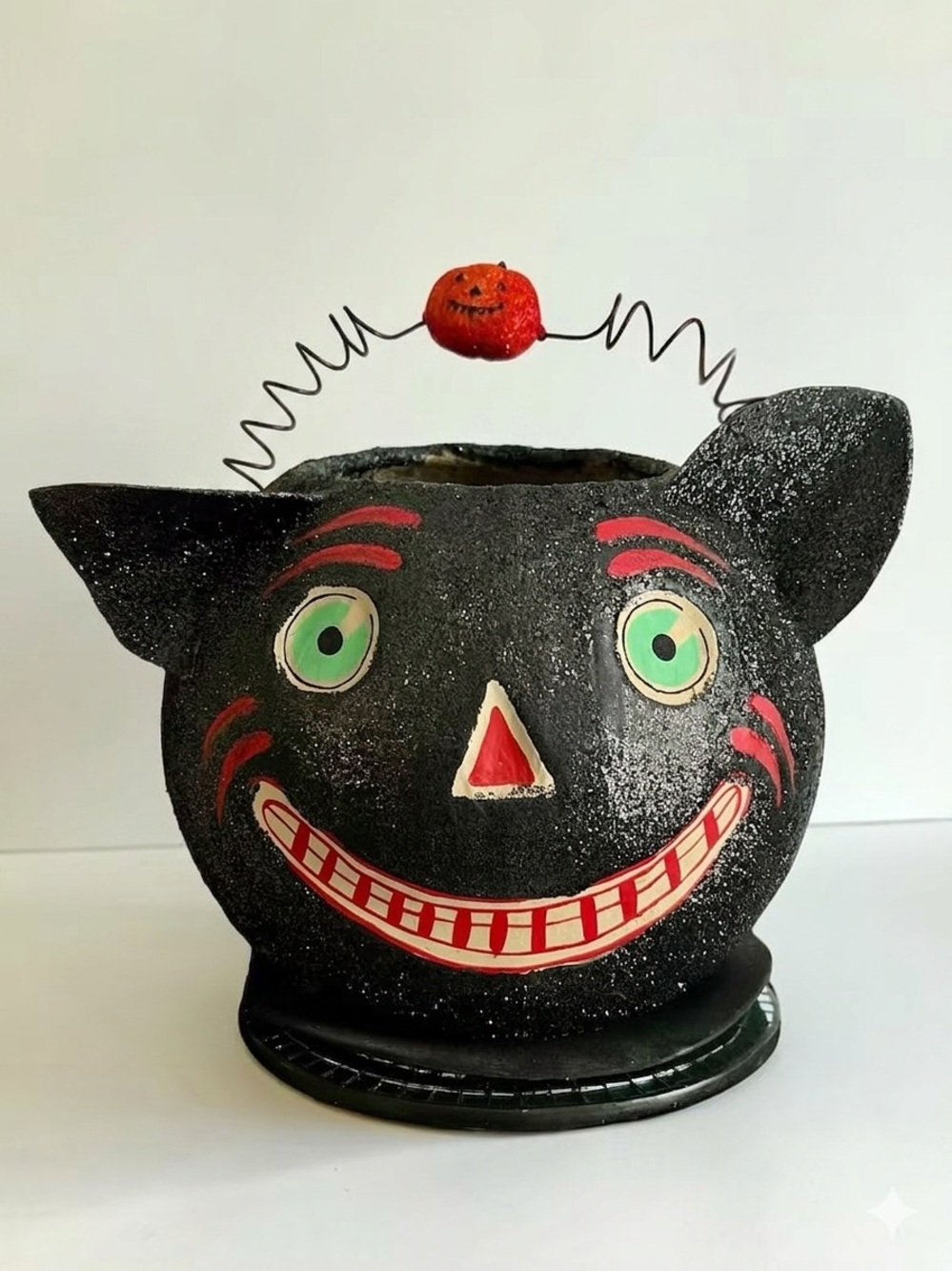 Vintage 90s Dept 56 Glittery Black Cat Paper Mache Decorative Halloween Bucket
